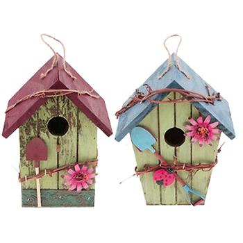 

Set Of 2 Pastoral Style Courtyard Gardening Bird Nest Wooden Bird House Decorative Bird Houses Fabric Tray