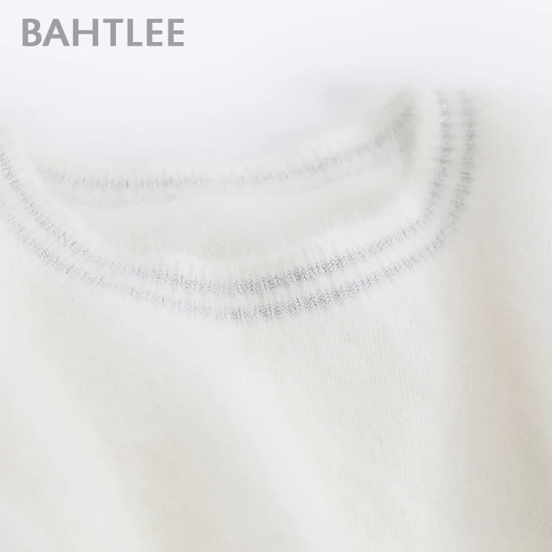 BAHTLEE, Женский пуловер из ангоры, свитер, Осень-зима, шерстяной вязаный джемпер, длинный рукав, круглый ворот, серебряная проволока, стильный костюм, Базовый стиль