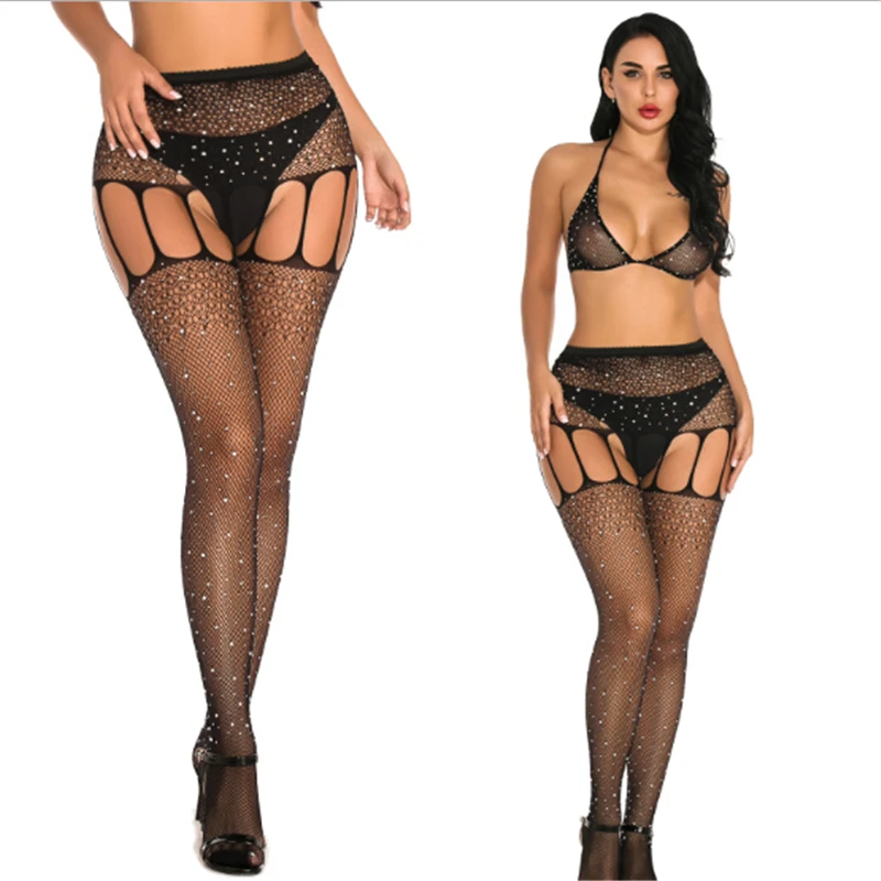 

2Pcs Diomand Sexy Lingerie Set halter Bra+Crotchless Stockings Fishnet Babydoll Women Sexy Underwear Sexy Hot Erotic Costumes