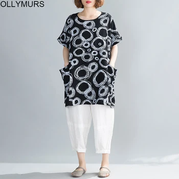 

New Arrivals 2020 Summer Plus Size Women T-Shirt Casual Loose Female Lady Tops Shirt Print Dot Black Cotton Linen Tee Clothing