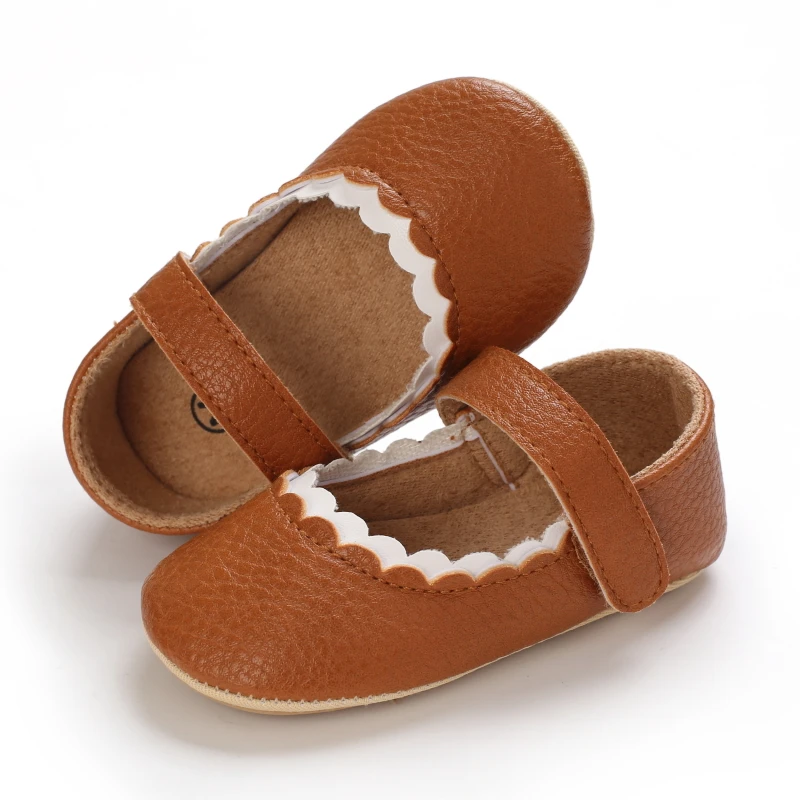 Infant Newborn Baby Girls Princess Non-Slip Floral Border Shoes Toddler Baby Soft PU Leather Prewalker Shoes Solid First Walkers