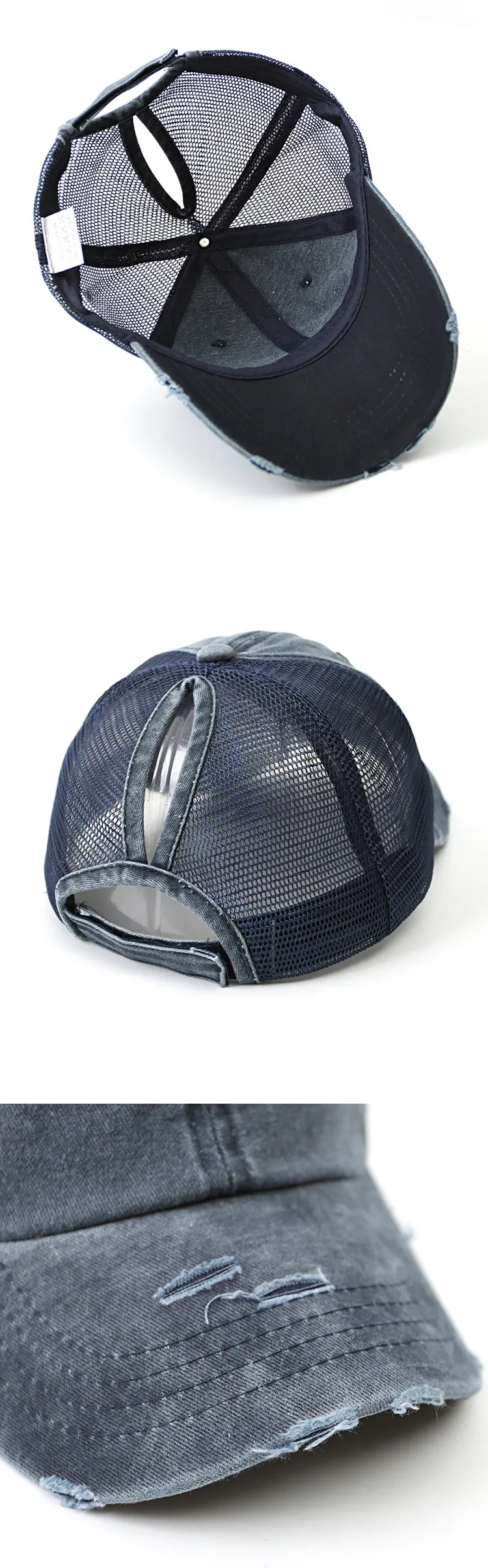 Women Summer Ponytail Baseball Cap Cottony Denim Patchwork Mesh Broken Sunhat Outdoor Sports Vintage Snapback Golf Baseball Hat custom ball caps