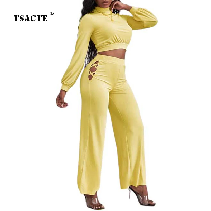 

Solid Color Casual Wide-Leg Pants Two-Piece Suits Sexy Hollow Slim Trouser Tracksuits Fall Winter New Crop Tops Women's Clothing