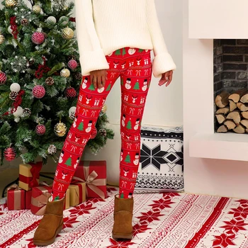 

Winter Casual Elastic Pants Ladies Trousers Christmas Print Women Warm Trousers
