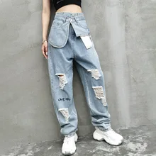 

Loose Jeans High Waist Women Casual Hole Ripped Denim Trousers Wide Leg Light Blue Streetwear Vintage Pants Streetwear Plus Size