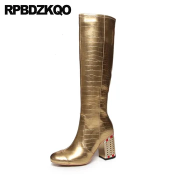 

brand women shoes gold high heel genuine leather 10 crystal plus size tall metal boots knee diamond long chunky rhinestone big