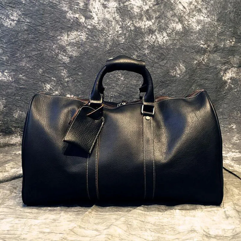 Men's Black Handbag Travel Bag 100% Natural Leather Large Capacity Duffle Multifunction Pocket Tote Casual Crossbody Bags | Багаж и