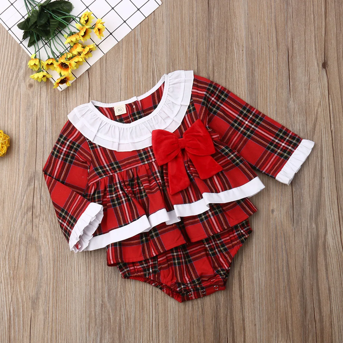 Осенняя одежда для детей одежда для малышей Штаны для девочек с рождественским изображением клетчатые вечерние с длинными рукавами платье, боди-комбинезон, комплект