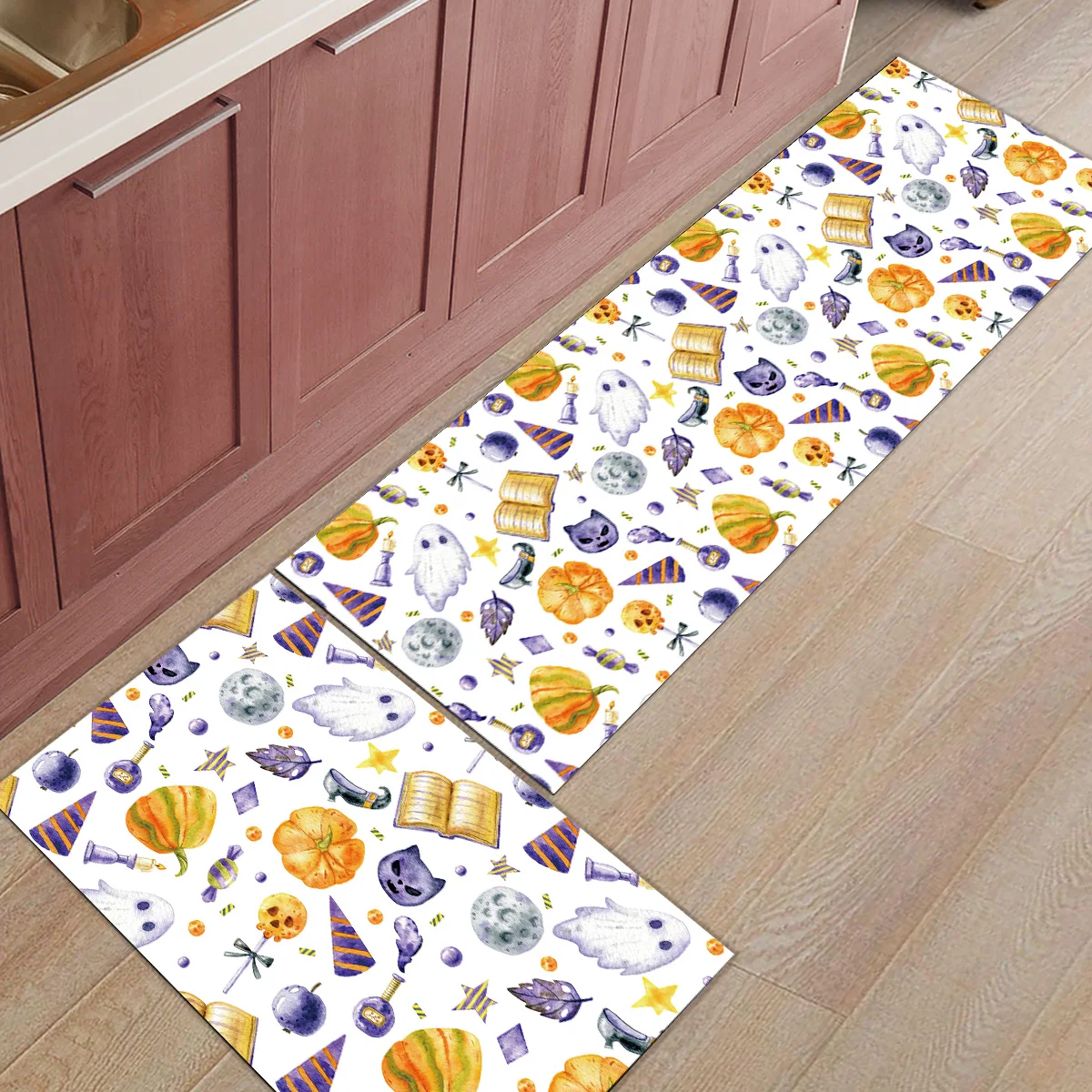 Хэллоуин тема ручная роспись акварельный стиль 2 шт Коврик для кухни под домашним питомцем миска для воды еды грязи мусора грязи Траппер сапог