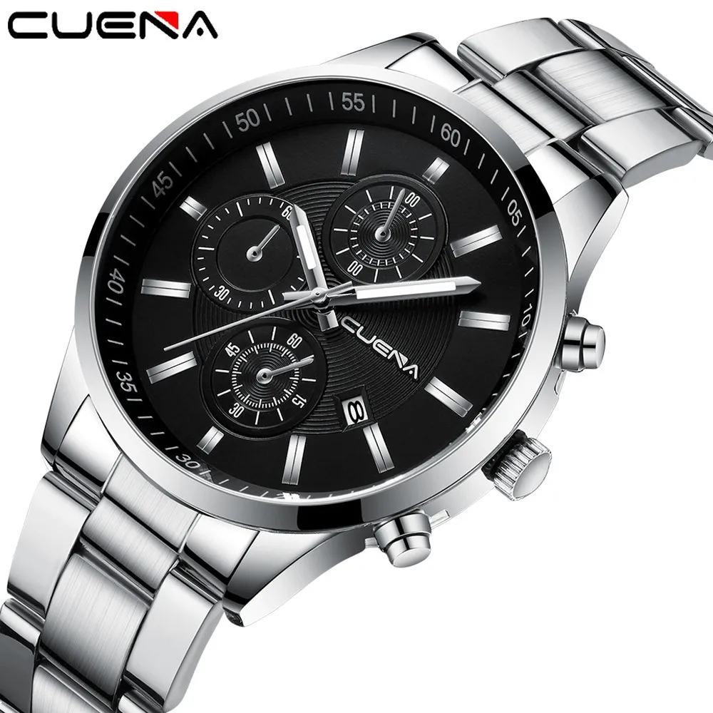 CUENA-reloj militar para hombre, pulsera de cuarzo deportiva con correa de acero inoxidable, con fecha, de lujo, Masculino