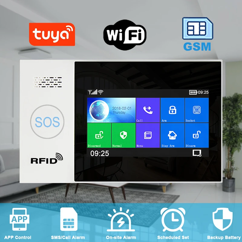 

Tuya WiFi GSM GPRS Alarm Wireless Home Intrusion Burglary Alarm System with Smart Life APP 4.3 inch Full-Touch Screen RFID