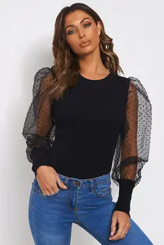 

Womens Puff Long Sleeve Polka Dot Black Jumpsuit Bodysuit Ladies Casual Stretch Leotard Top T-Shirt