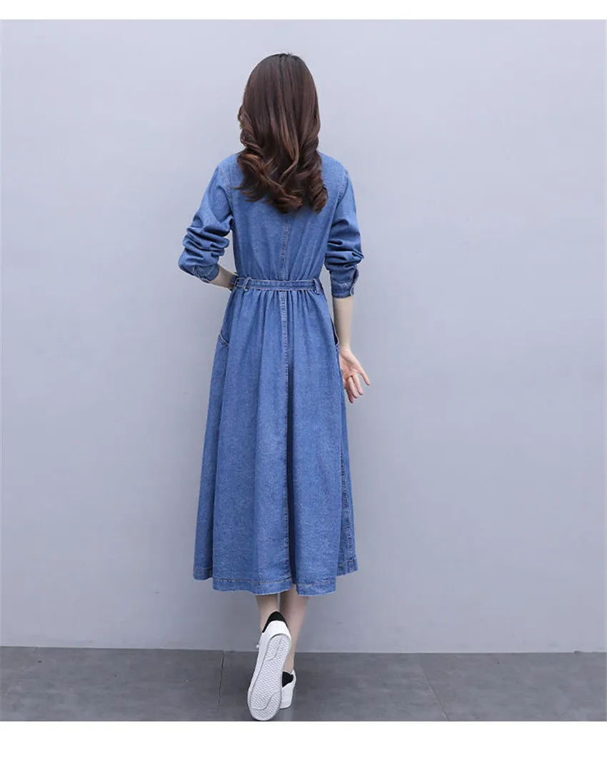 אביב סתיו ארוך שרוול מזדמן ג 'ינס שמלת נשים כיסי כפתור בתוספת גודל ג' ינס שמלה גבוהה רחוב אופנה ארוך שמלות Robe