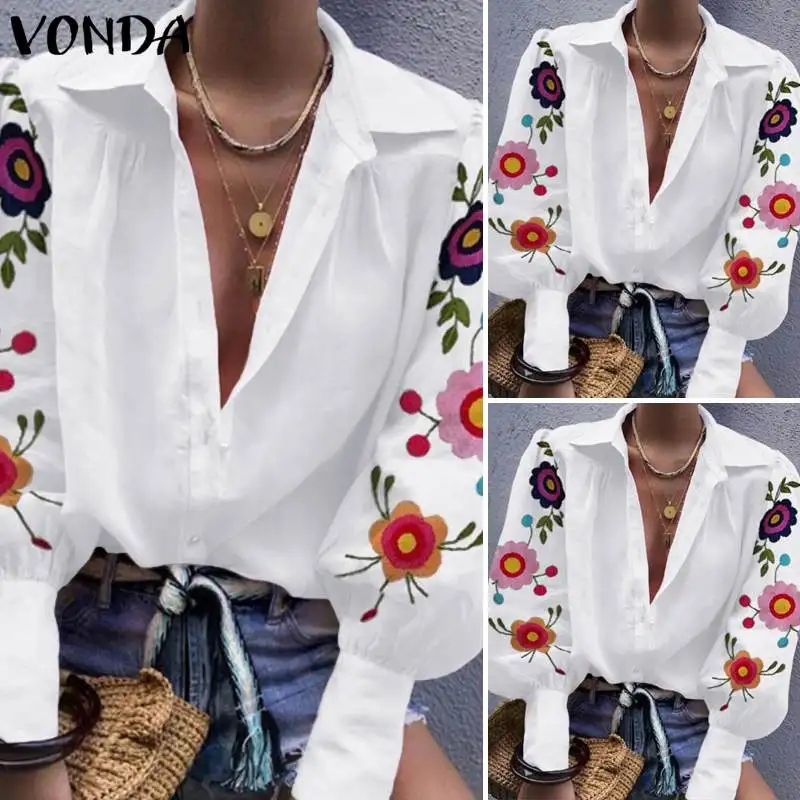 Floral Printed Shirts Women Autumn Long Lantern Sleeve Blouse Female Plus Size Tops VONDA Vintage Turn Down Collar Shirts S-5XL - 4.00047E+12