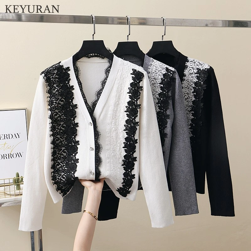 セーター女性 2020 新着レース花パッチワークカーディガンニット女性長袖 v ネックニットトップス白、グレー、黒