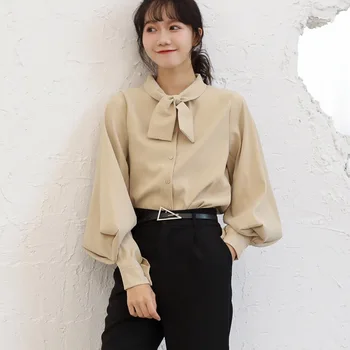 

COIGARSAM Solid Shirt Womens tops Spring Lantern Sleeve Bow Women shirts White Blue Black Apricot 5238