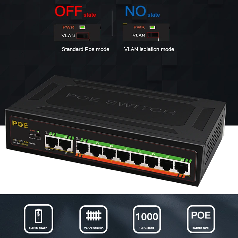10 портовый коммутатор POE Gigabit 1000 Мбит/с 250 м 52 в| |