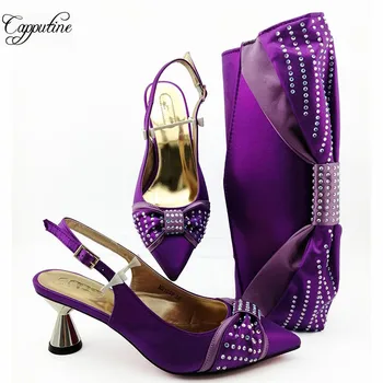 

Elegant purple party pointed toe sandal shoes and purse handbag set with stones MM1099, heel height 7 cm