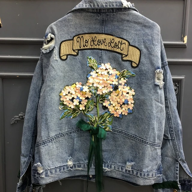 Women Floral Denim Jackets Spring Clothes Long Sleeve Cute Sweet Back  Flower Print Coat Outwea Y718