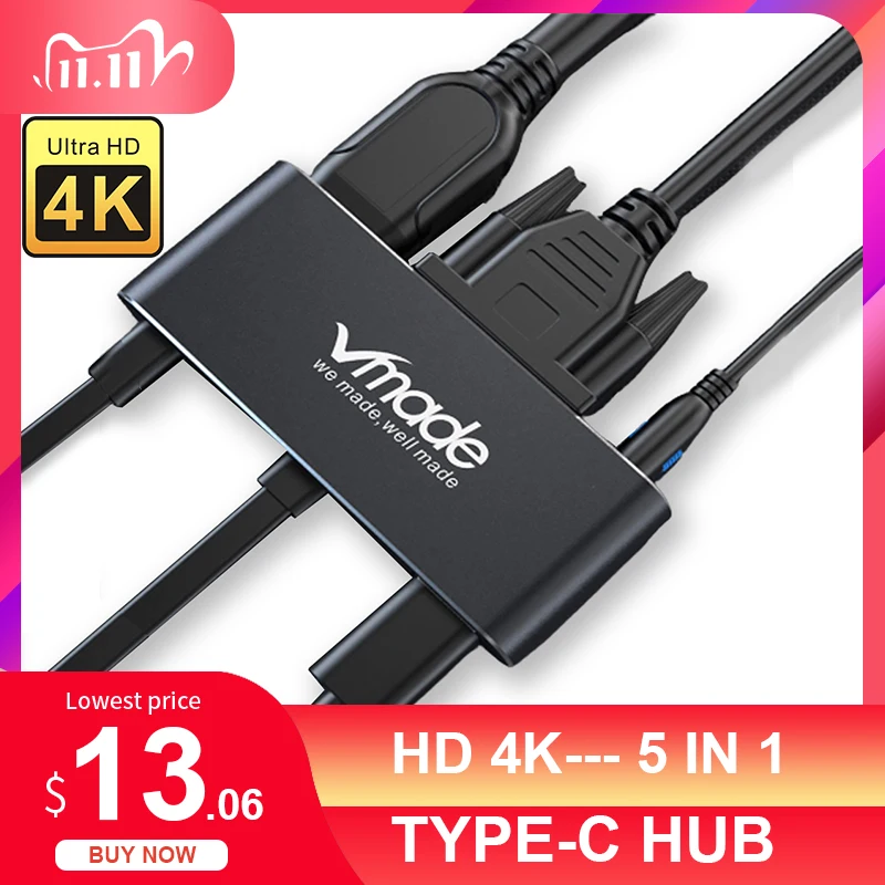 

Portable 5 in 1 Aluminum Alloy USB 3.0 Ports Type-C Hub Usb-C to 4K HD OTG Laptop PD Hub for Mac book Pro