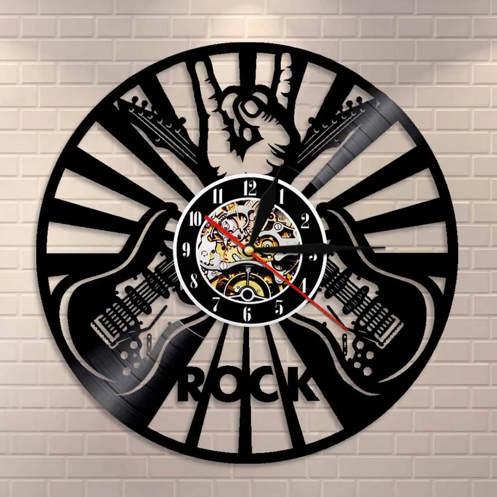 

Rock Hand Sign Wall Art Wall Clock Music Room Wall Decor Vinyl Record Clock Rock Music Lover Guitar Players Gift Guitar Ornament