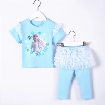 

Queen 2 summer dress new girl suit female baby cotton cartoon breathable short-sleeved T-shirt + mesh lace pants two-piece suit