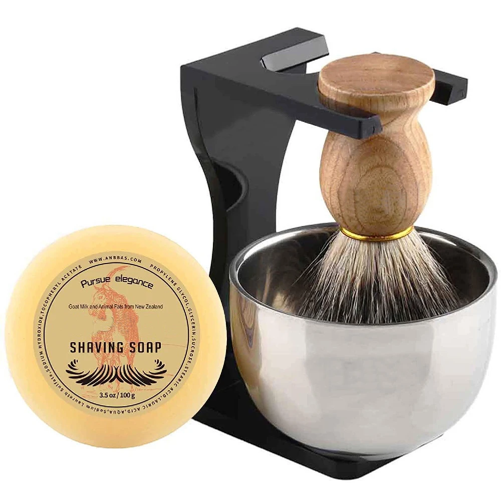 Barber Shaving Brush Pure Badger Hair Wood Handle +Black Acrylic Stand