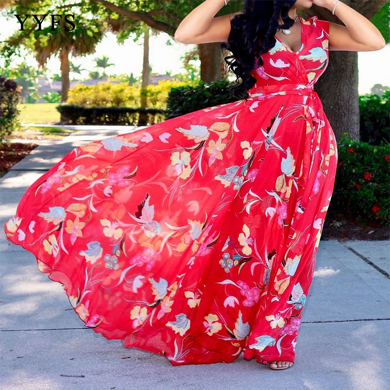 

Women Summer Floral Print Maxi Dress Boho Style Long Beach Dress Evening Party Long Bandage Bodycon Dress Plus Size Vestidos