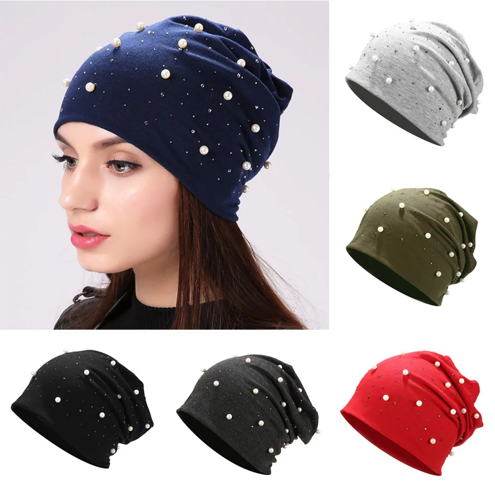 Новая женская шапка в повседневном стиле из хлопка, Блестящий Жемчуг и стразы, мягкие шапочки для женщин, трикотажная шапка с черепами, шапки