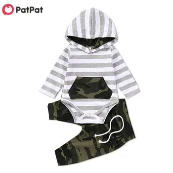 

PatPat Autumn Winter Newborn Cotton Casual Baby Boy This Striped Camouflage Hooded Bodysuit Pants Two-piece Crawling Suit