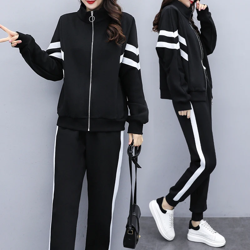 Большой размера плюс 5XL женский спортивный костюм черный спортивный костюм утепленная куртка пальто+ брюки комплект из двух предметов теплая зимняя спортивная одежда комплект