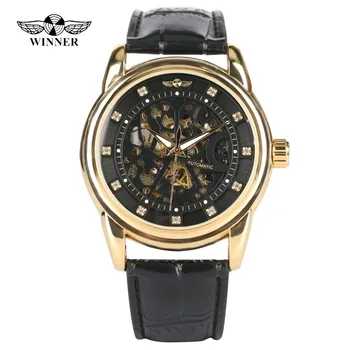 

WINNER Brand Automatic Mechanical Men Watches Luxury Rhinestones Skeleton Display Mens Self Winding Genuine Leather Wristwatches