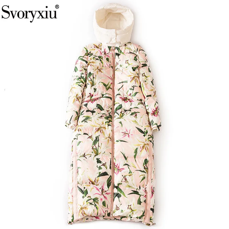 

Svoryxiu Designer Winter White Duck Down Down Jacket Overcoat Women's Pink lily Flower Print High End Down Jacket Long Coat