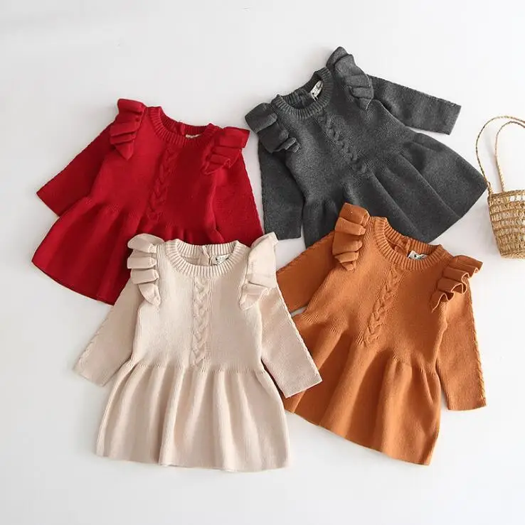 

2019 Korea Style Toldder Girls Ruffles Knitted Dress Fashion Autumn Cotton Girls Dresses 0-5 Years PX690