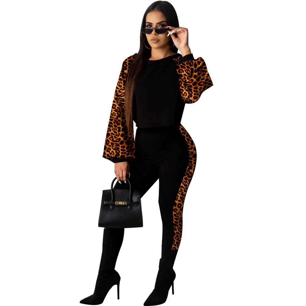 leopard Женская одежда, комплект из двух предметов, Повседневный, Змеиный, Леопардовый, с длинным рукавом, с пышными рукавами, футболка, Топы, толстовка, длинные штаны, костюм, уличная одежда, спортивный костюм - Цвет: leopard