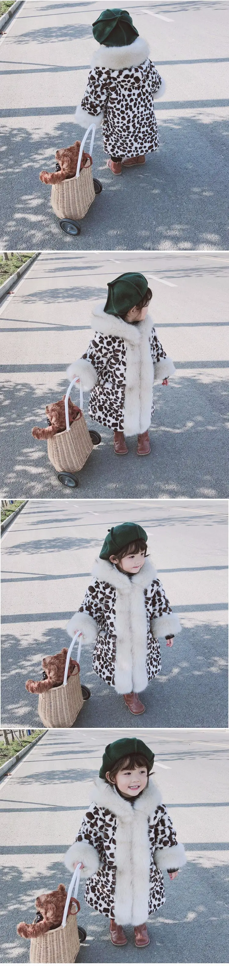 PPXX Модные леопардовые зимние для маленьких девочек пальто с мехом Длинная Куртка парка с капюшоном Детская Шубы из искусственного кроличьего меха для детей размера плюс