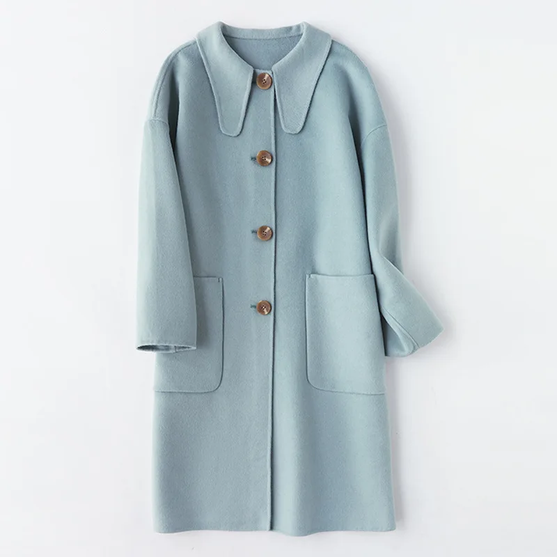 D-one New Thin Wool Blend Coat Women Long Sleeve Turn-down Collar Outwear Jacket Casual Solid Autumn Winter Overcoat D141 - Цвет: blue