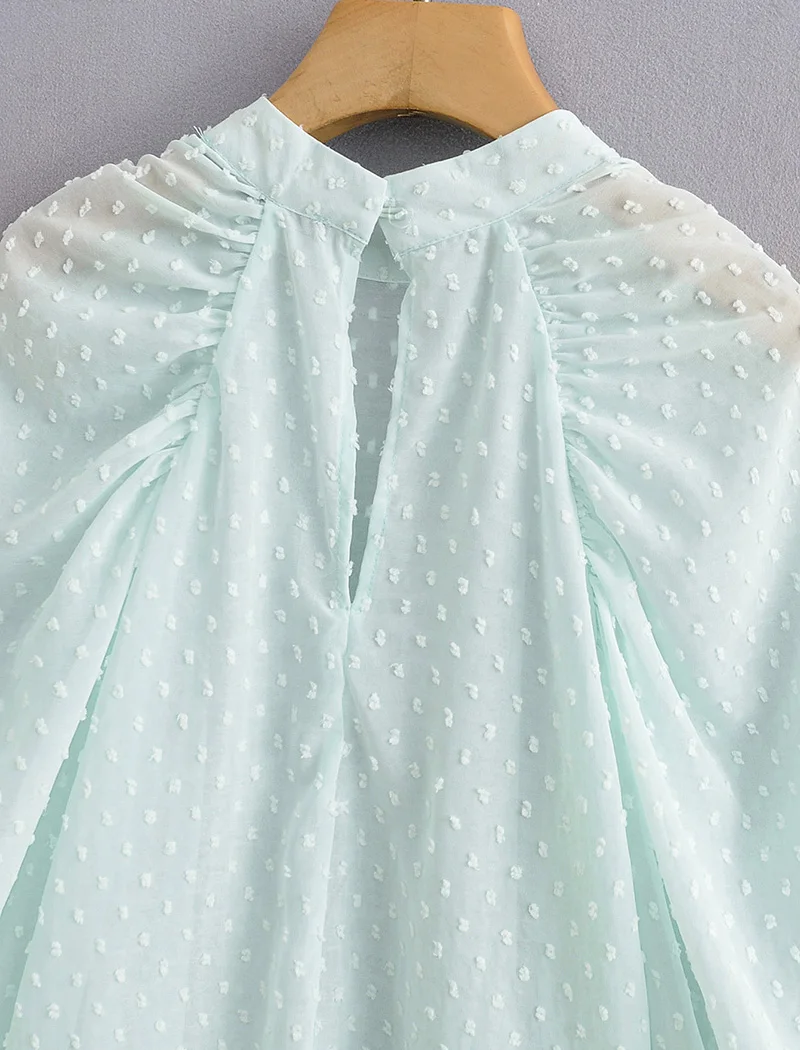 Aachoae Elegant Dots Emebroidery Transparent Blouse Women Puff Long Sleeve Pleated Blouses Ladies Sexy See Through Shirts Tops