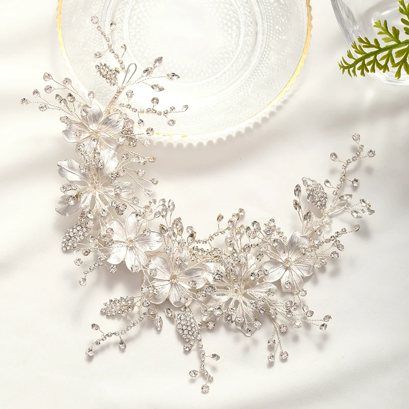 Wedding Headband Silver Color crystal Tiara Handmade Bride Headdress Flower Leaf Hair Jewelry Headband Bride Hair Accessories hair accessory hair headdress bridal headwear
