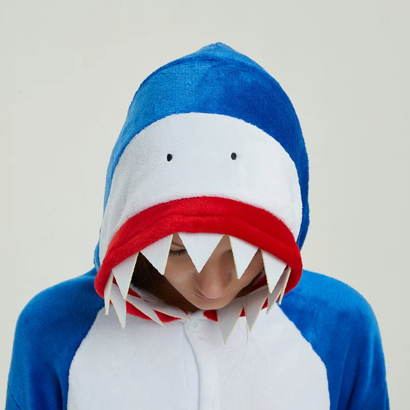 Kigurumi синяя Пижама с акулой для женщин и девочек, зимний комбинезон с мультяшными животными для мужчин, забавный комбинезон для взрослых, теплые вечерние комбинезоны