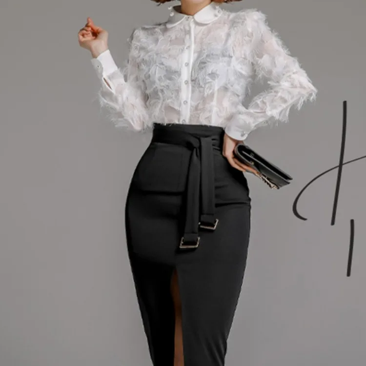 

WOMEN'S Dress 2019 New Style Debutante Korean-style Slim Fit Elegant Tassels Shirt + Slit Sheath Skirt Set
