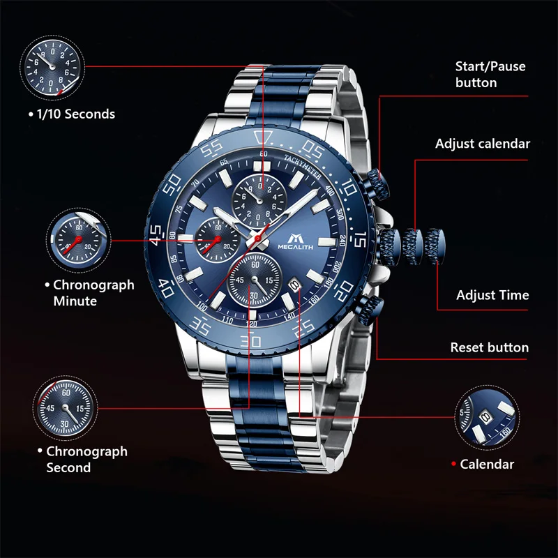 Megalith Watches Mens Waterproof Analogue Clock Stainless Steel Waterproof Luminous Watch Men Sport-5