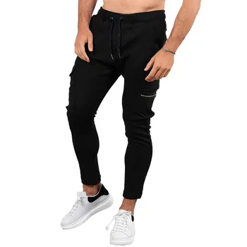 

New Casual Pants Men Cotton Slim Fit Chinos Mens Casual Fitness Patchwork Bodybuilding Pocket Skin Full Length Sports Pants