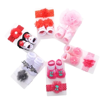 

Baby Girl Kids Mesh Chiffon Sets New Casual Newborn Chiffon Mesh Non-Slip Cotton Socks And Headband Set Drop1