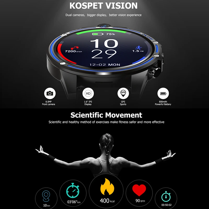 Умные часы KOSPET Vision спортивные часы 1,6 дюймов 4G 3+ 32GB Смарт-часы GPS Двойная камера часы с сим-картой Бизнес Мужчины pk hope brave