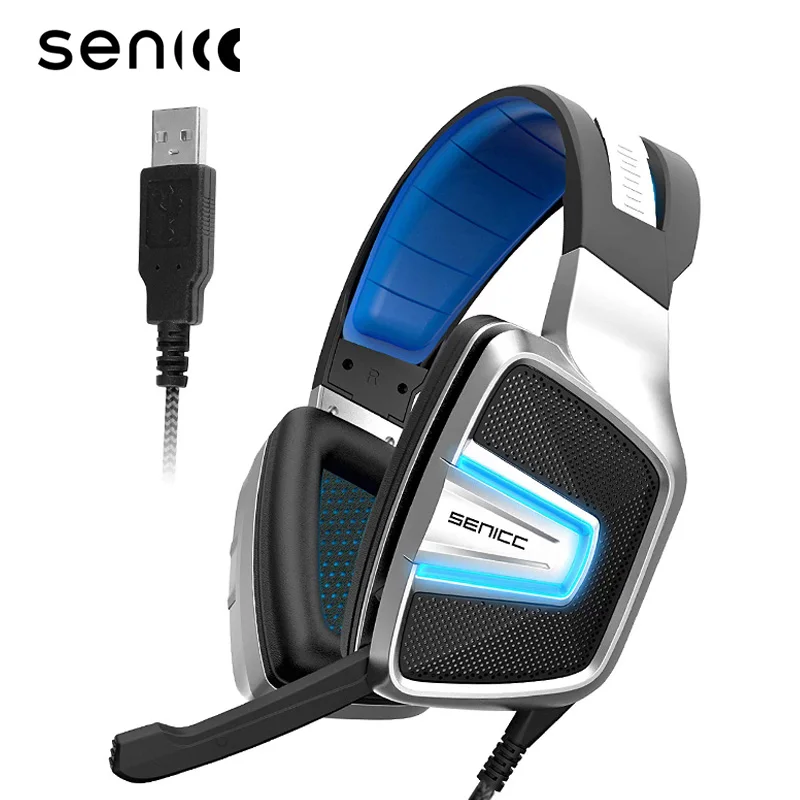 SENICC A8 USB Виртуальный 7,1 звук Плетеный геймер гарнитура светодиодный шумоподавление Игровые наушники со скрытым микрофоном для компьютерных игр