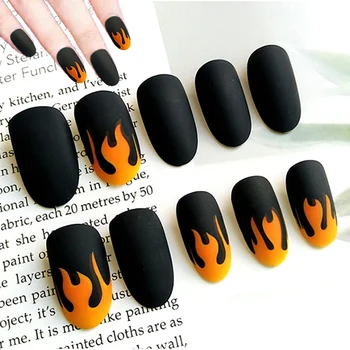 

24Pcs Fire Flame Nail Art Tips Black Matte False Nails with Glue Full Cover Fake Nail Tips Manicure Press On Nails Charms