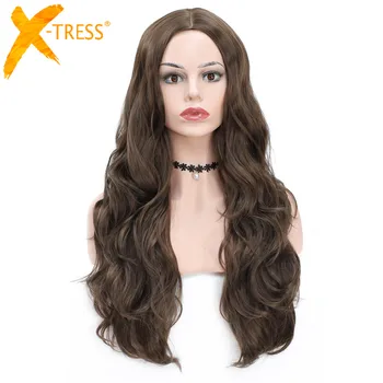 

X-TRESS Ash Brown Colored Synthetic Wigs For Women Middle Part Long Wavy Machine Wig High Temparature Fiber Soft Full Curly Wigs