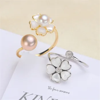 

Real 925 Sterling Silver Women Wedding Engagement Ring Adjustable Simple Round Pearl Ring Mounting