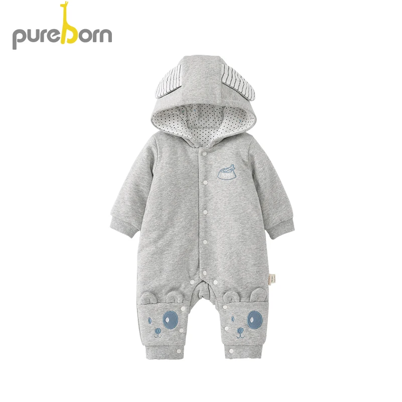 Pureborn Детские ползунки с капюшоном утепленная хлопковая подкладка мультфильм новорожденных комбинезон для мальчиков и девочек зимняя одежда